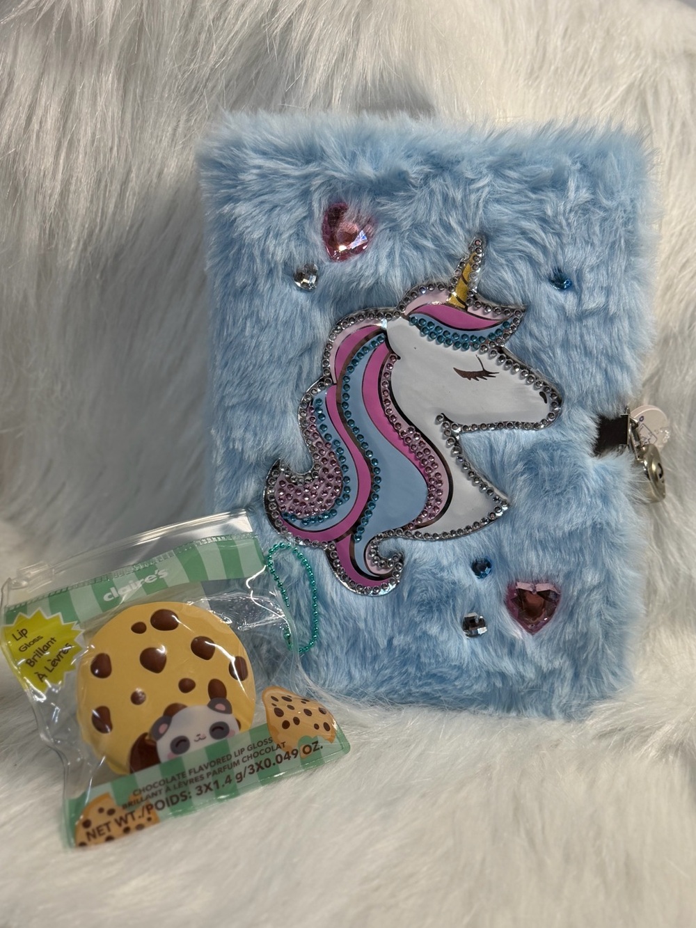 Blue Plush Unicorn Journal with Lock - Sparkle Rhinestone Accent’s & Lip Gloss